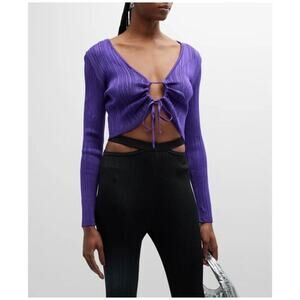PAOLA BERNARDI Andressa Cropped Cardigan XS Purple Ribbed Knit Long Sleeve G13